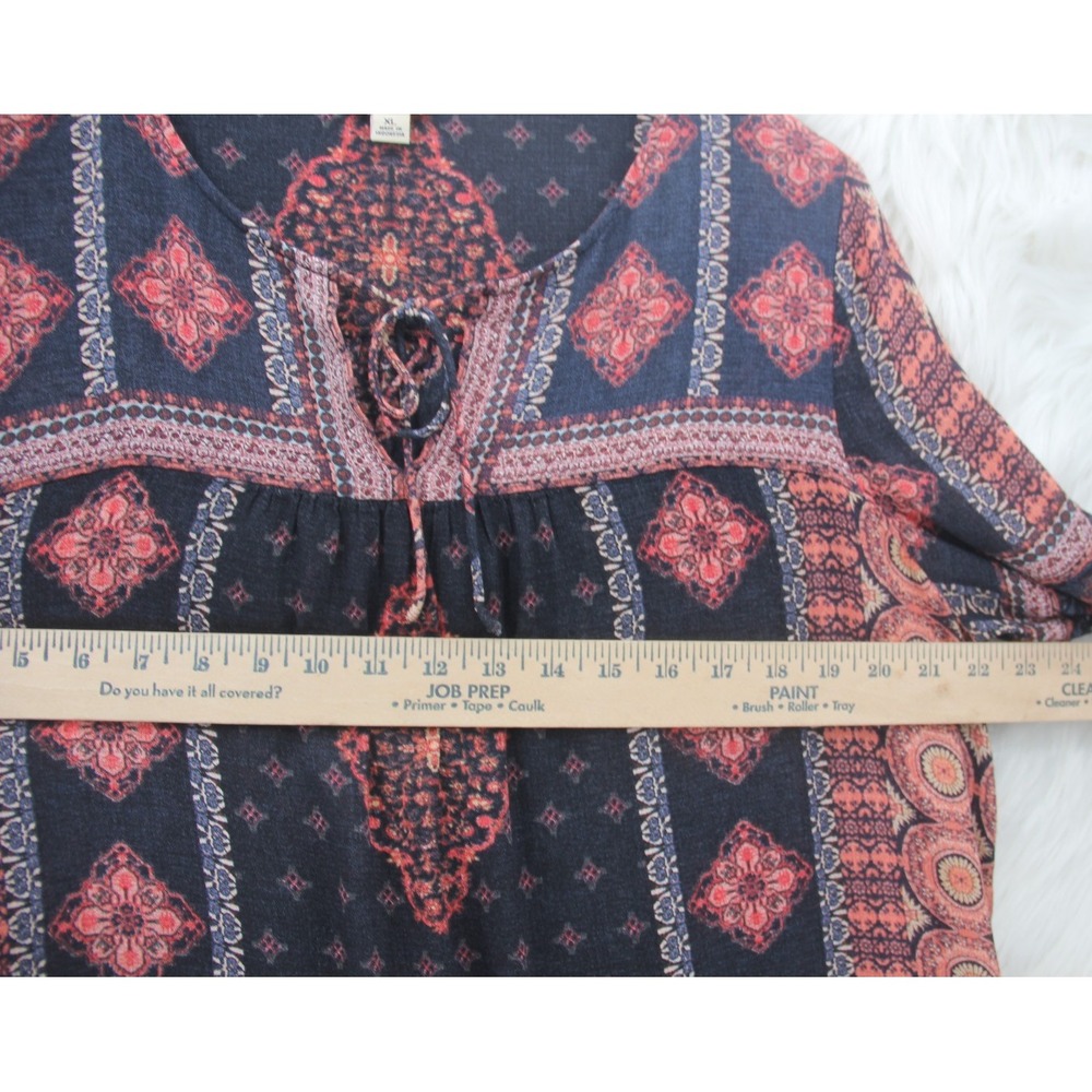 Lucky Brand Tunic Top Women XL Orange Blue Geometric Long Sleeve Boho Indie - Picture 5 of 12